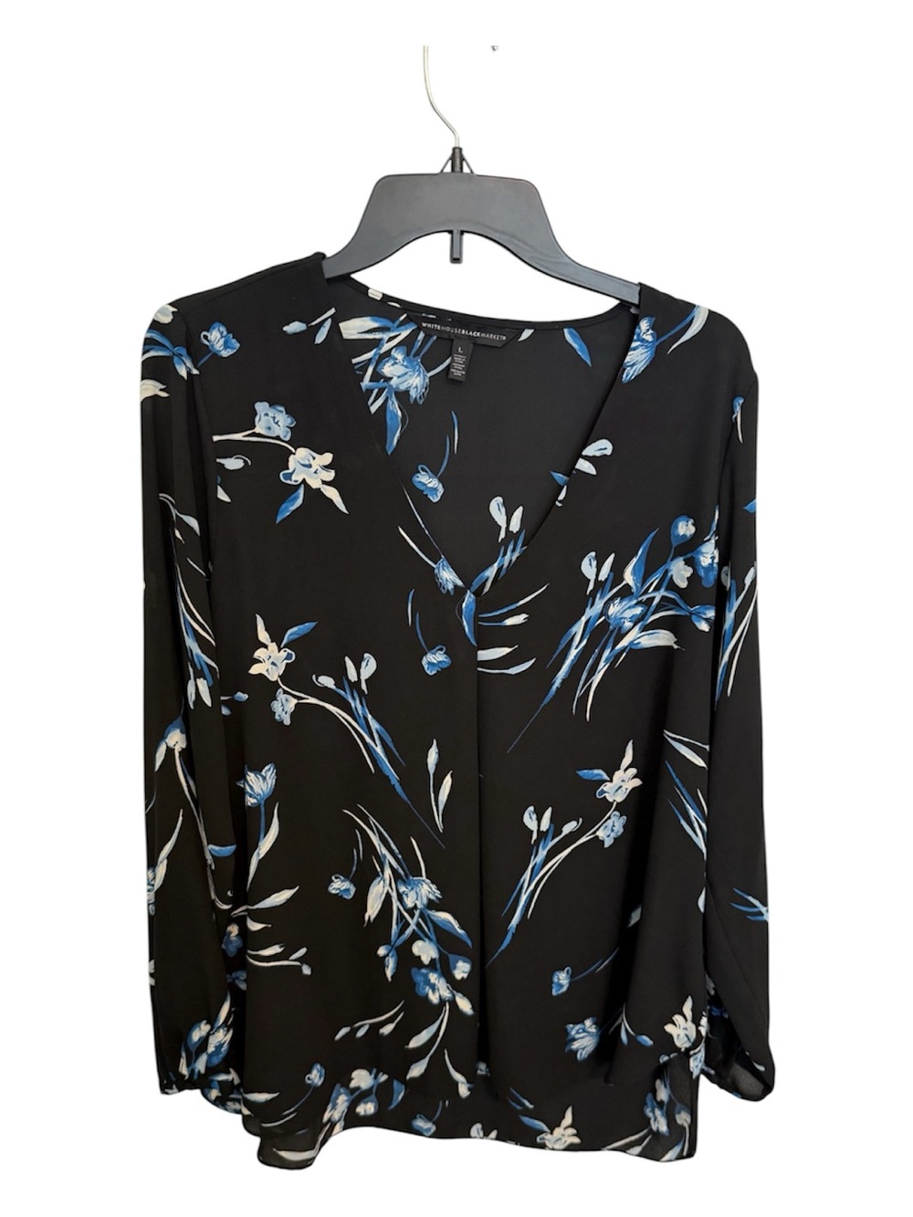 White House Black Market Black V-Neck Blouse with Blue & White Floral Print